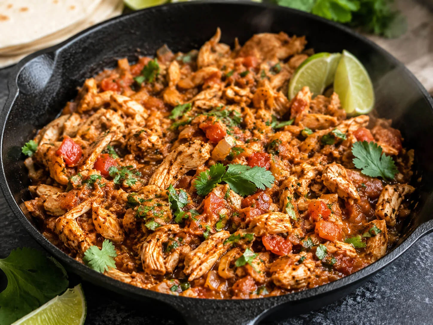 Air fryer chicken taco filling with seasoned chicken, salsa, cilantro, lime, and taco spices in a skillet