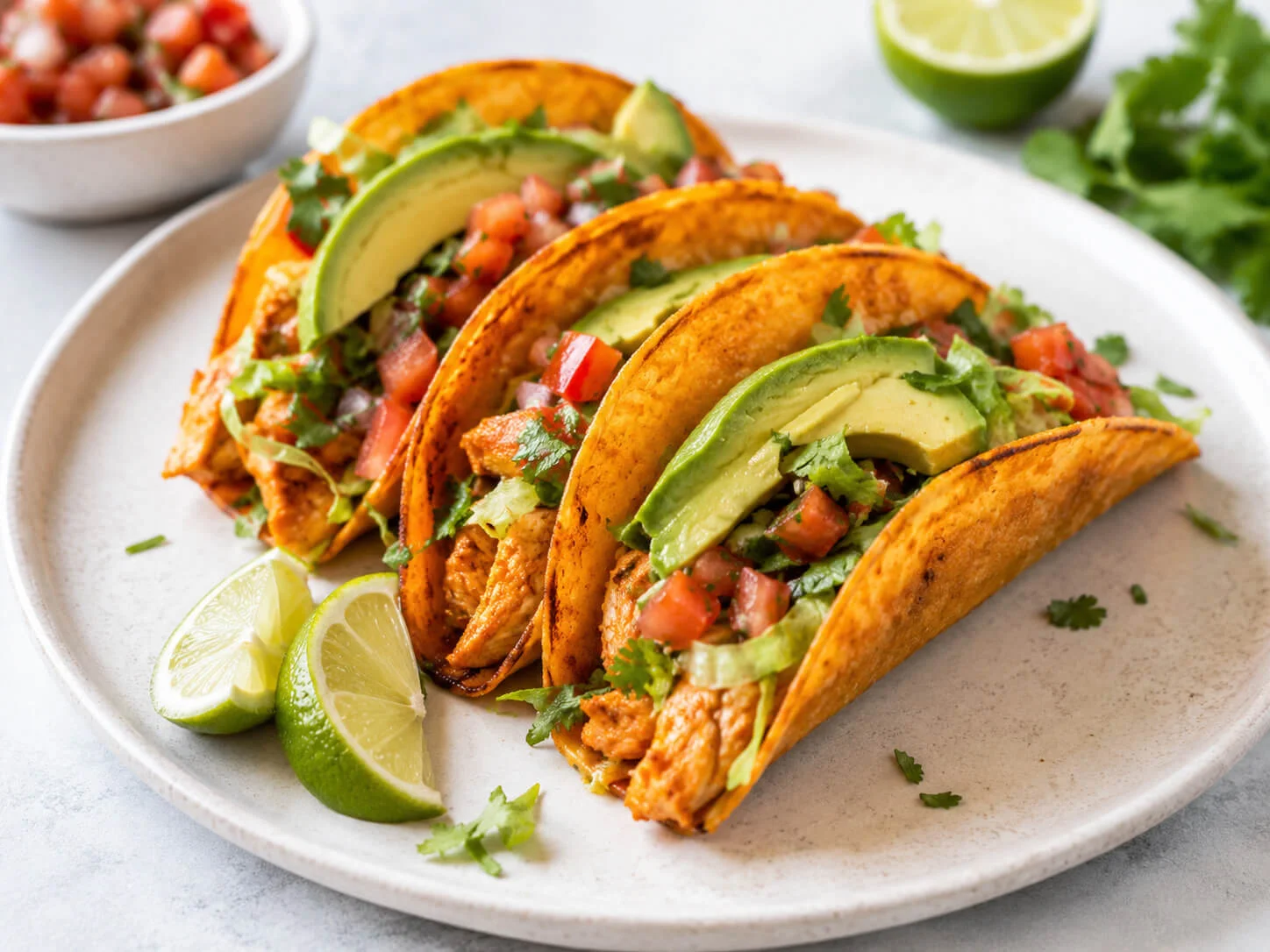 Air fryer tacos with crispy corn tortillas, seasoned chicken, avocado, lettuce, salsa, cilantro, and lime