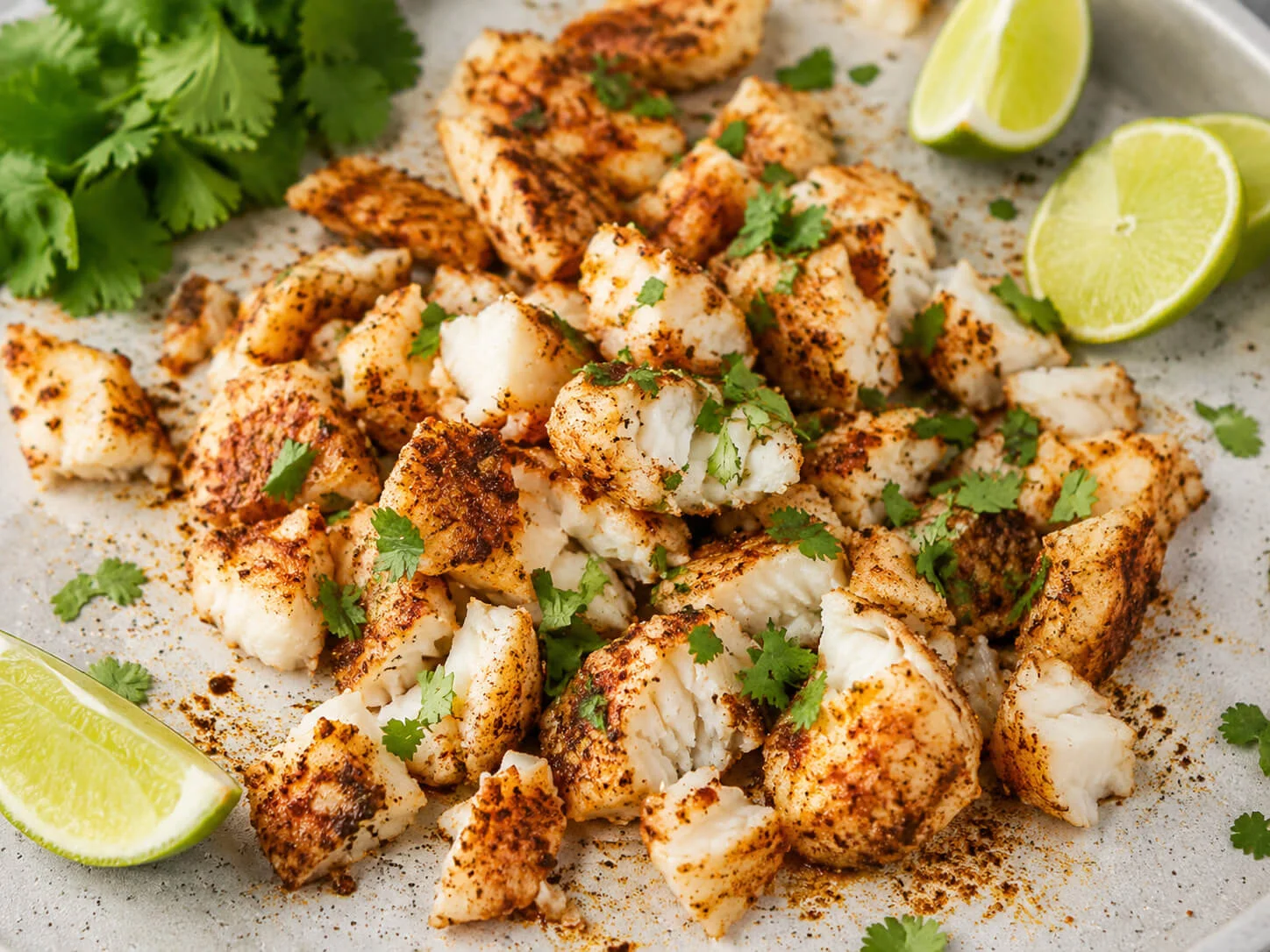 Baked fish taco filling with seasoned white fish, lime, cilantro, and warm spices