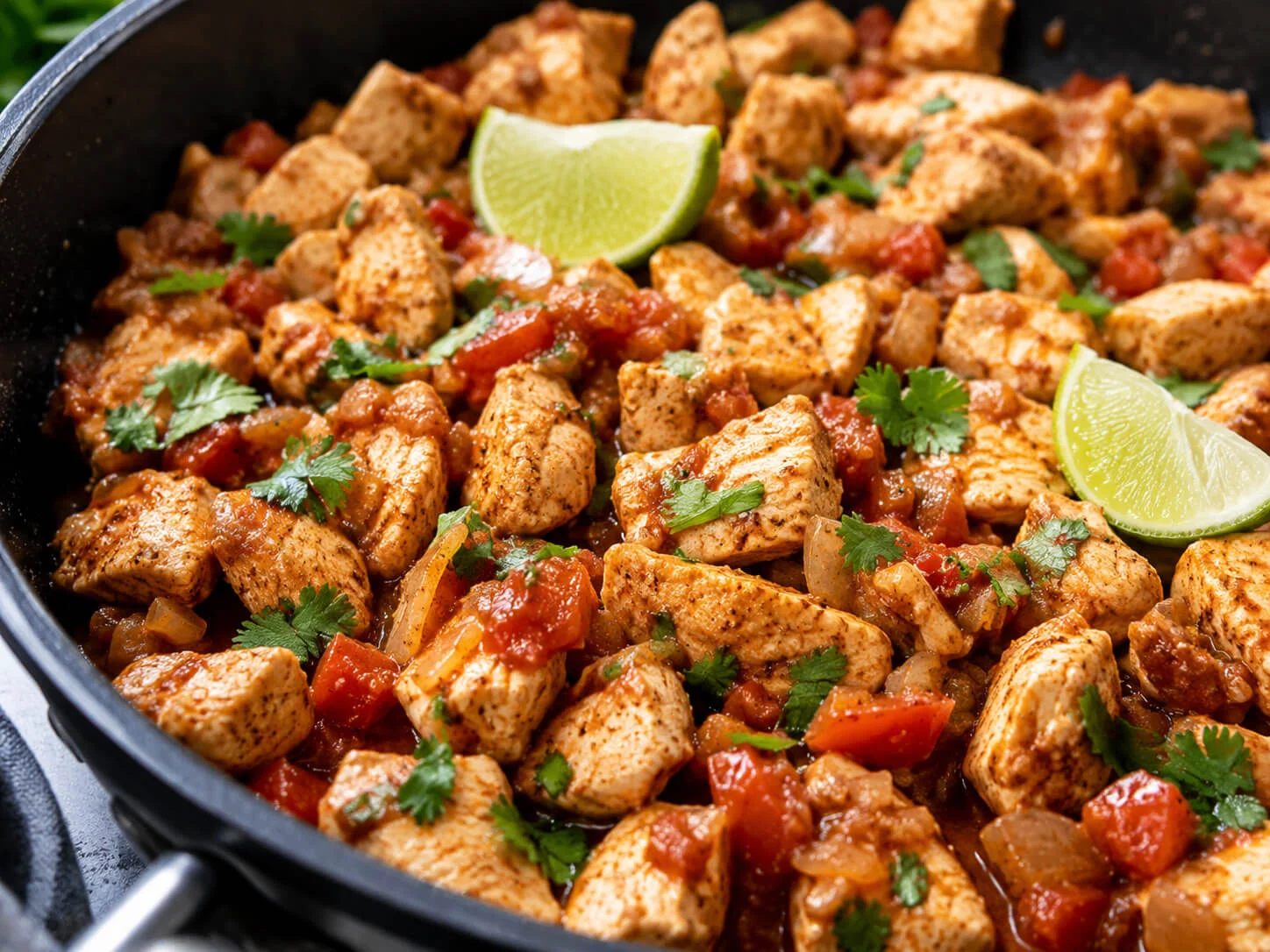 Chicken taco bowl filling with seasoned chicken, salsa, cilantro, lime, and taco spices in a skillet