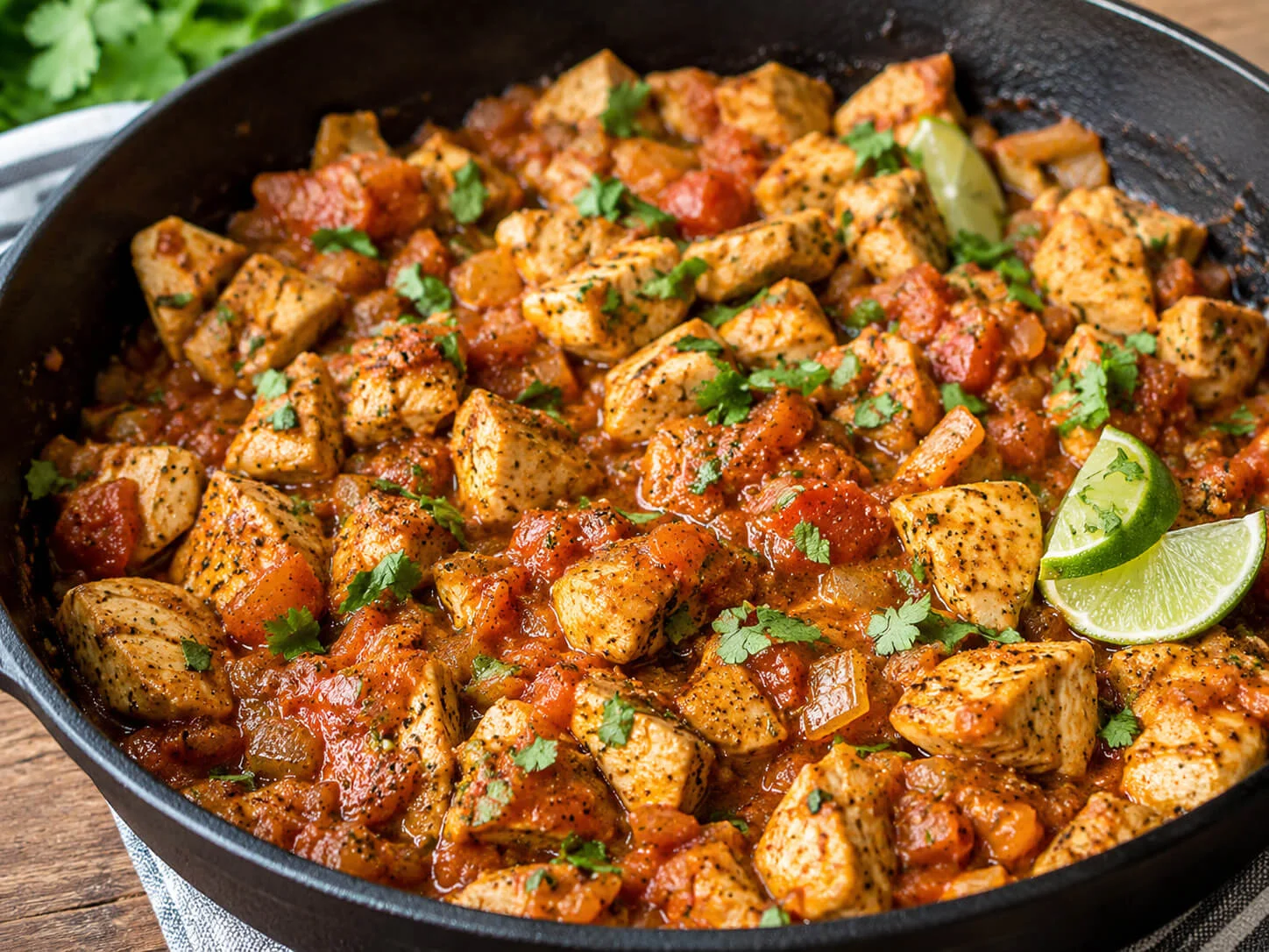 Chicken taco salad filling with seasoned chicken, salsa, cilantro, lime, and taco spices in a skillet
