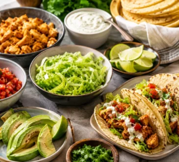 Gluten free taco night spread with corn tortillas, chicken, salsa, avocado, lettuce, cilantro, lime, and gluten free taco shells