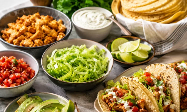 Gluten free taco night spread with corn tortillas, chicken, salsa, avocado, lettuce, cilantro, lime, and gluten free taco shells