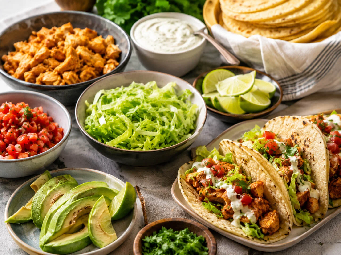 Gluten free taco night spread with corn tortillas, chicken, salsa, avocado, lettuce, cilantro, lime, and gluten free taco shells