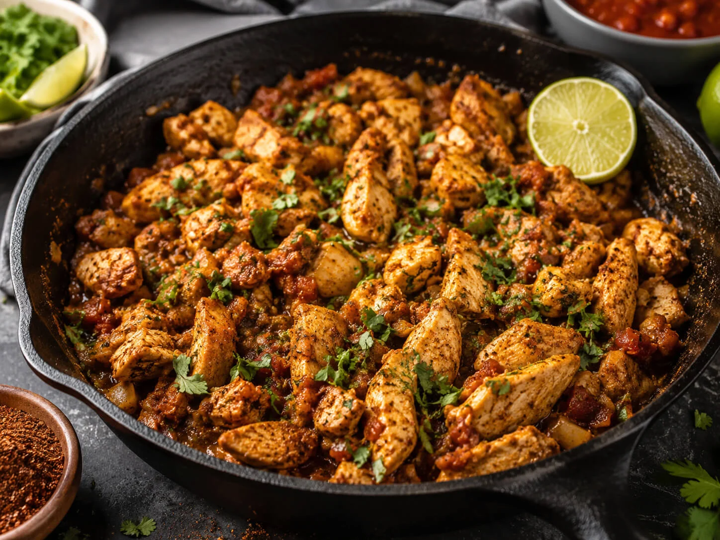 Gluten free taco seasoning with chicken taco filling, salsa, lime, cilantro, and spices in a skillet