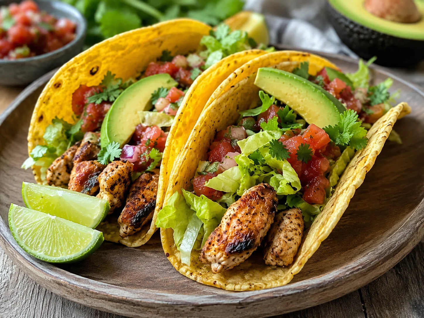 Gluten free tacos with corn tortillas, seasoned chicken, lettuce, avocado, salsa, cilantro, and lime