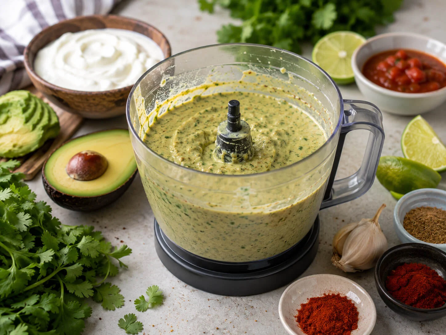 Greek yogurt taco sauce blended with avocado, cilantro, lime, salsa, garlic, cumin, chili powder, and smoked paprika