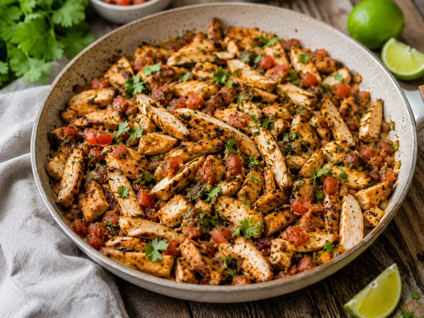 Grilled chicken taco filling with seasoned chicken and salsa in a skillet