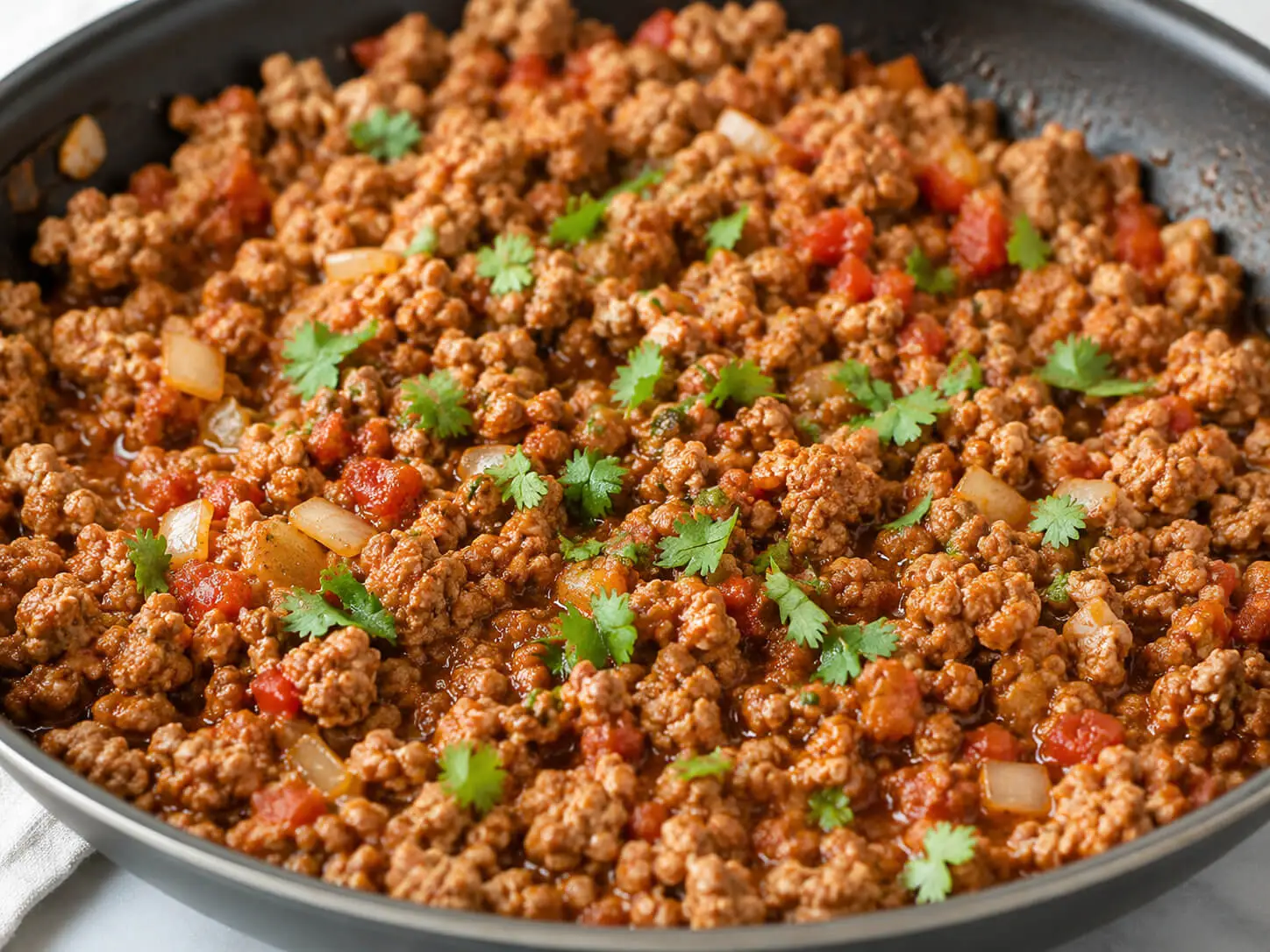 Ground turkey taco meat cooking in a skillet with spices, salsa, onion, garlic, and cilantro