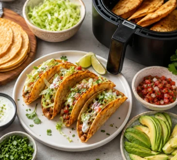 Healthy air fryer taco spread with crispy tacos, chicken, tortillas, lettuce, avocado, salsa, cilantro, lime, and yogurt sauce
