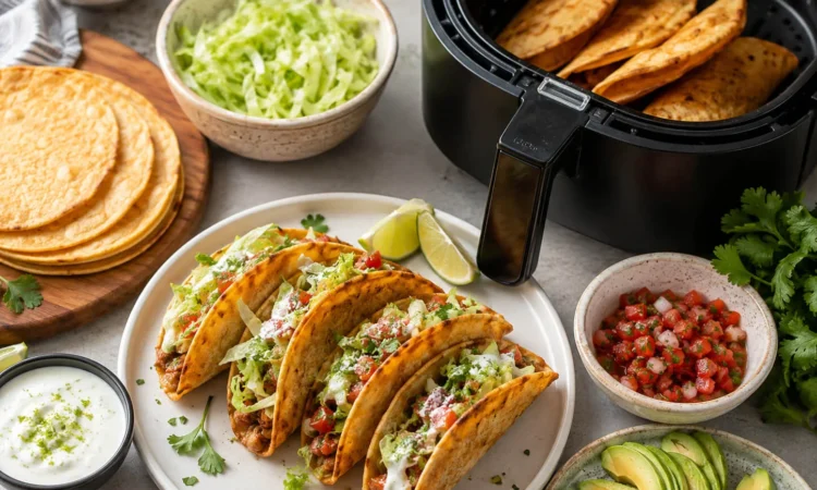 Healthy air fryer taco spread with crispy tacos, chicken, tortillas, lettuce, avocado, salsa, cilantro, lime, and yogurt sauce