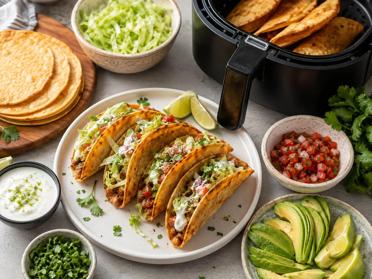 Healthy air fryer taco spread with crispy tacos, chicken, tortillas, lettuce, avocado, salsa, cilantro, lime, and yogurt sauce