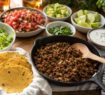 Healthy beef taco night spread with lean ground beef, tortillas, lettuce, salsa, avocado, cilantro, lime, and yogurt sauce