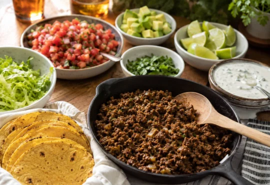Healthy beef taco night spread with lean ground beef, tortillas, lettuce, salsa, avocado, cilantro, lime, and yogurt sauce