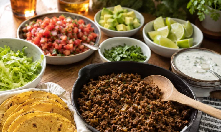 Healthy beef taco night spread with lean ground beef, tortillas, lettuce, salsa, avocado, cilantro, lime, and yogurt sauce