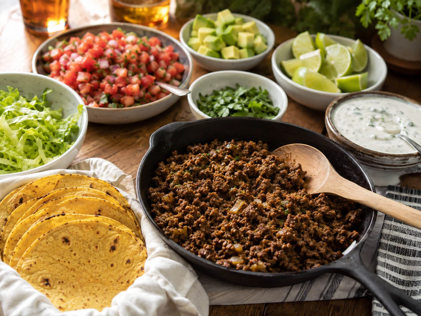 Healthy beef taco night spread with lean ground beef, tortillas, lettuce, salsa, avocado, cilantro, lime, and yogurt sauce