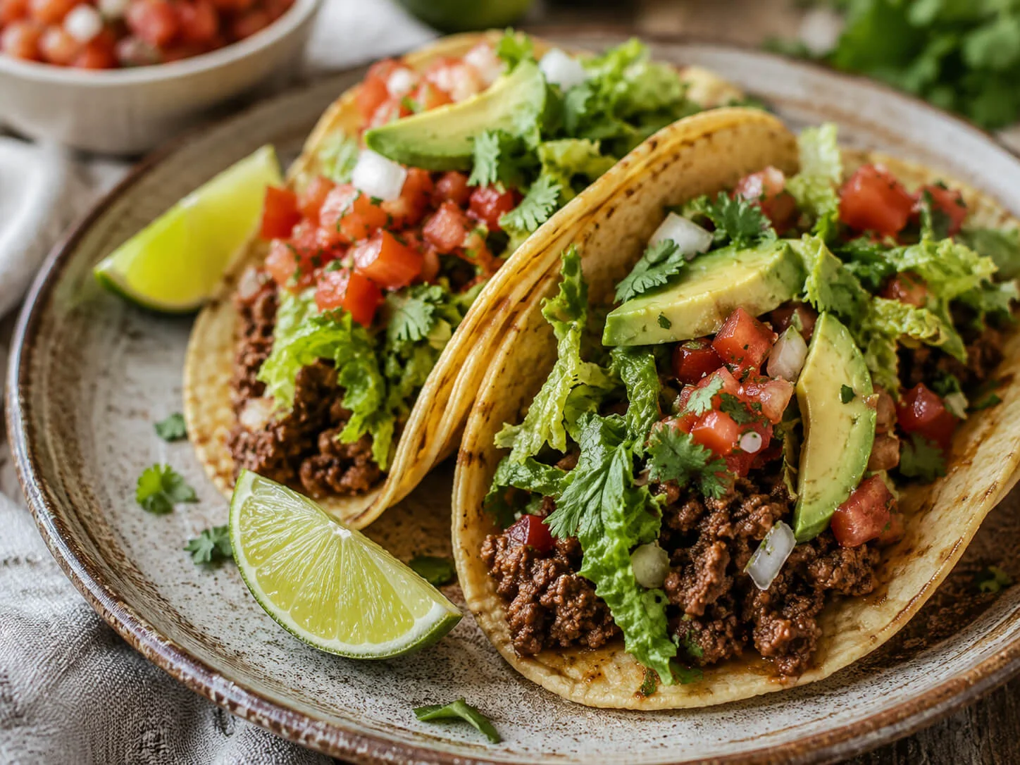 Healthy beef tacos with lean ground beef, avocado, salsa, lettuce, cilantro, and lime