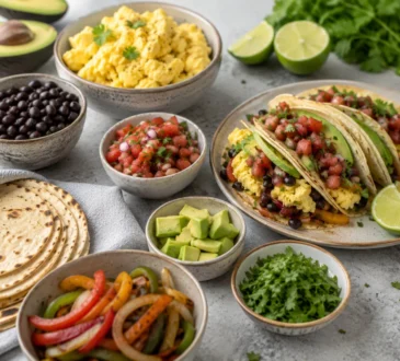 Healthy breakfast taco spread with eggs, black beans, tortillas, avocado, salsa, vegetables, cilantro, and lime