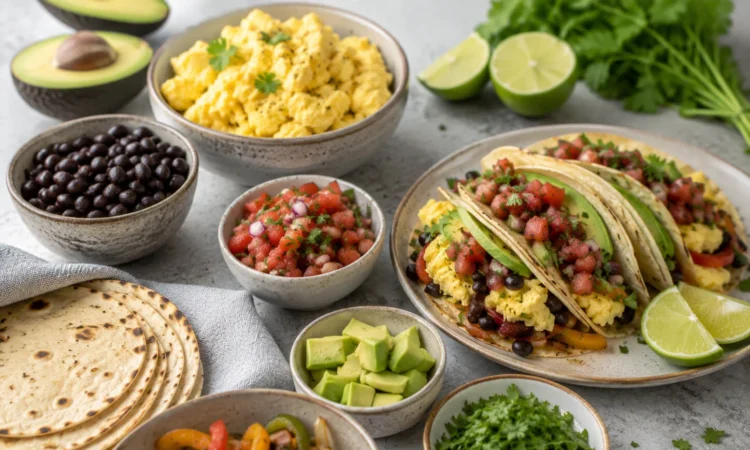 Healthy breakfast taco spread with eggs, black beans, tortillas, avocado, salsa, vegetables, cilantro, and lime