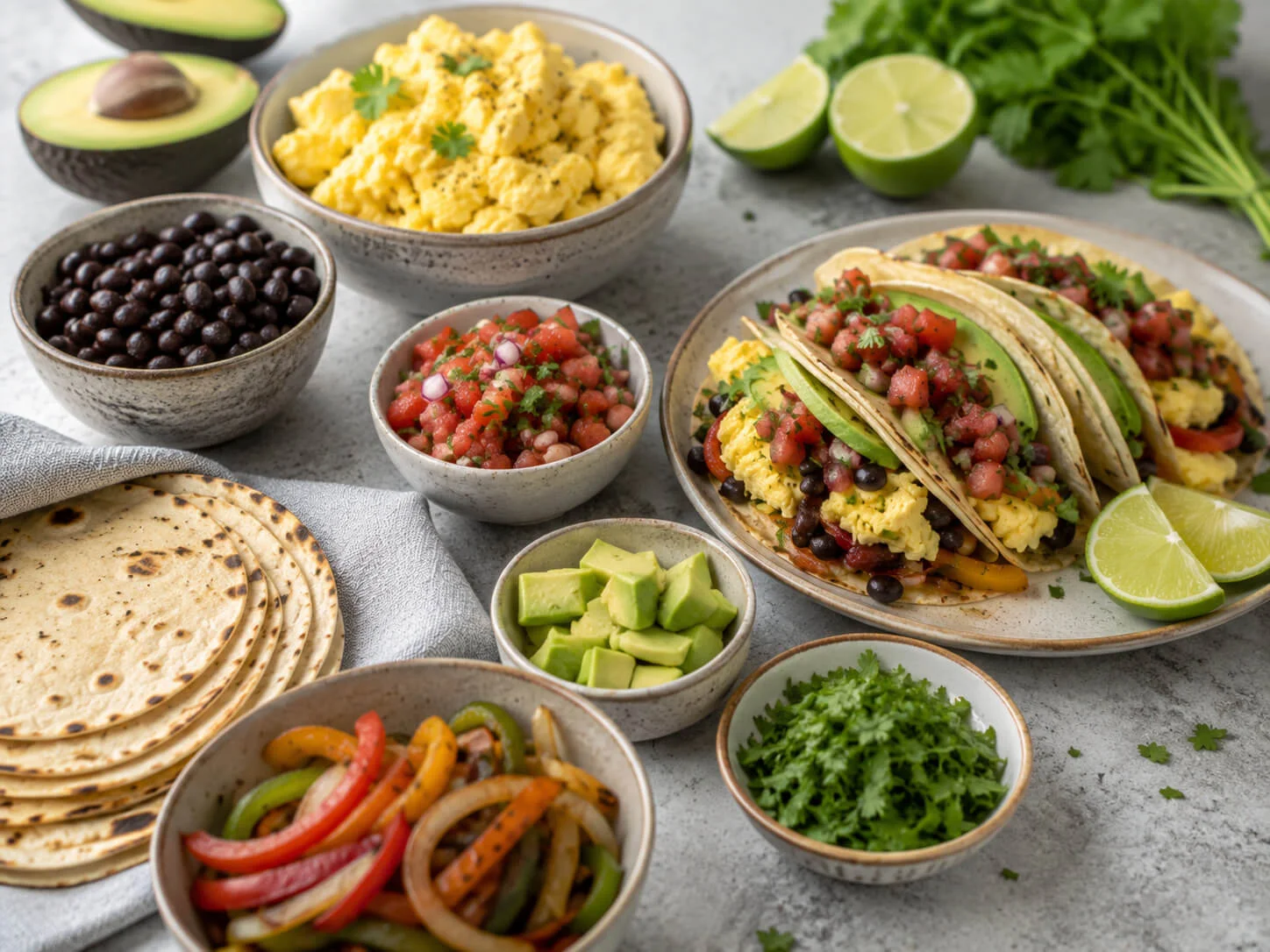 Healthy breakfast taco spread with eggs, black beans, tortillas, avocado, salsa, vegetables, cilantro, and lime