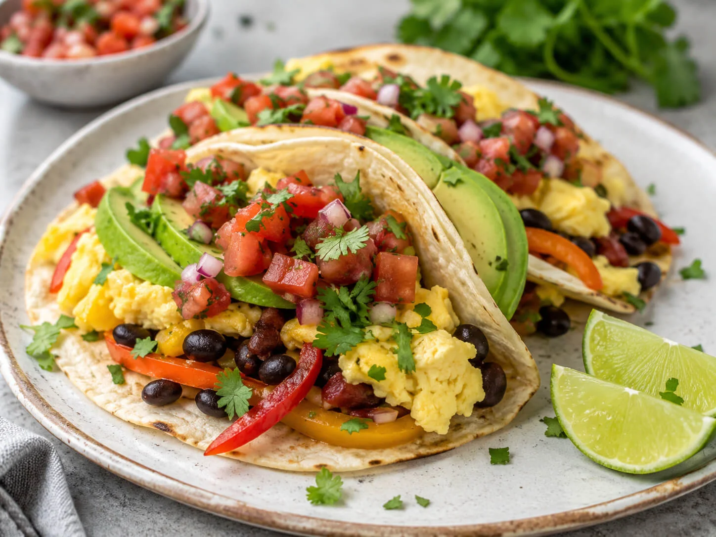 Healthy breakfast tacos with scrambled eggs, black beans, avocado, vegetables, salsa, cilantro, and lime