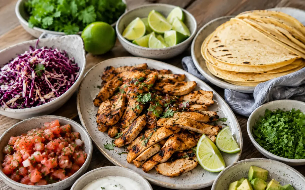 Healthy chicken taco night spread with grilled chicken, tortillas, cabbage, salsa, avocado, lime, and yogurt sauce