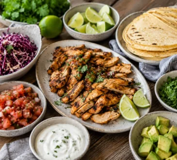 Healthy chicken taco night spread with grilled chicken, tortillas, cabbage, salsa, avocado, lime, and yogurt sauce