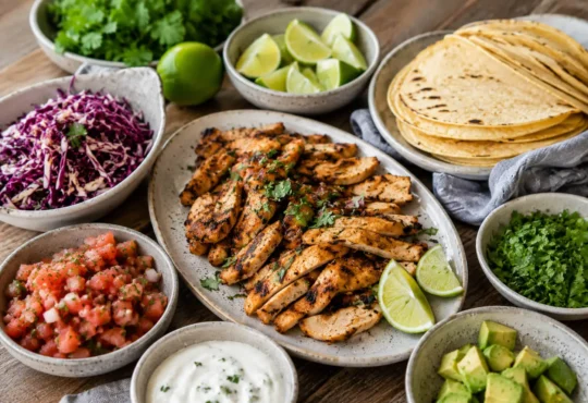 Healthy chicken taco night spread with grilled chicken, tortillas, cabbage, salsa, avocado, lime, and yogurt sauce