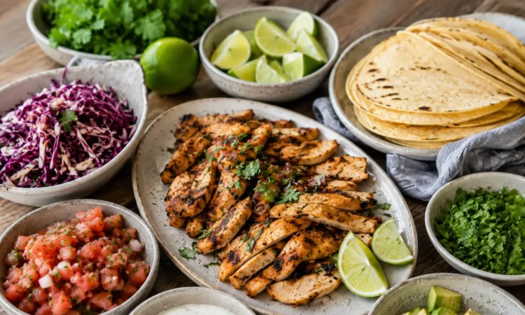 Healthy chicken taco night spread with grilled chicken, tortillas, cabbage, salsa, avocado, lime, and yogurt sauce