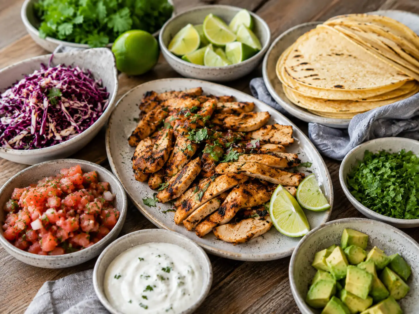 Healthy chicken taco night spread with grilled chicken, tortillas, cabbage, salsa, avocado, lime, and yogurt sauce