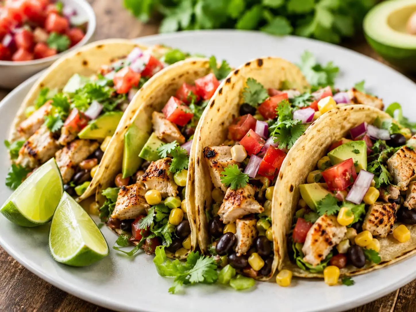 Healthy chicken tacos with black beans, avocado, lettuce, tomatoes, cilantro, and lime on corn tortillas