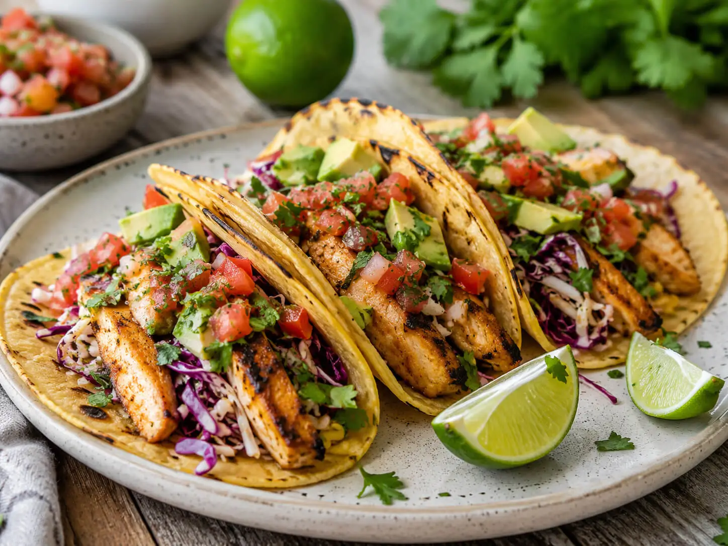 Healthy chicken tacos with grilled chicken, cabbage, salsa, avocado, cilantro, and lime