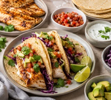 Healthy fish taco night spread with baked fish, tortillas, cabbage slaw, avocado, salsa, cilantro, lime, and yogurt sauce