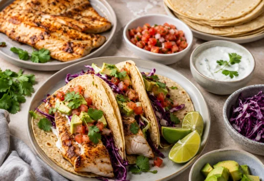 Healthy fish taco night spread with baked fish, tortillas, cabbage slaw, avocado, salsa, cilantro, lime, and yogurt sauce