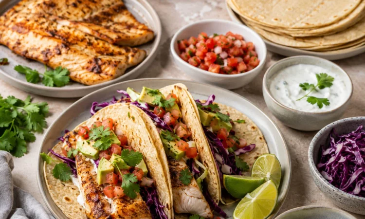 Healthy fish taco night spread with baked fish, tortillas, cabbage slaw, avocado, salsa, cilantro, lime, and yogurt sauce