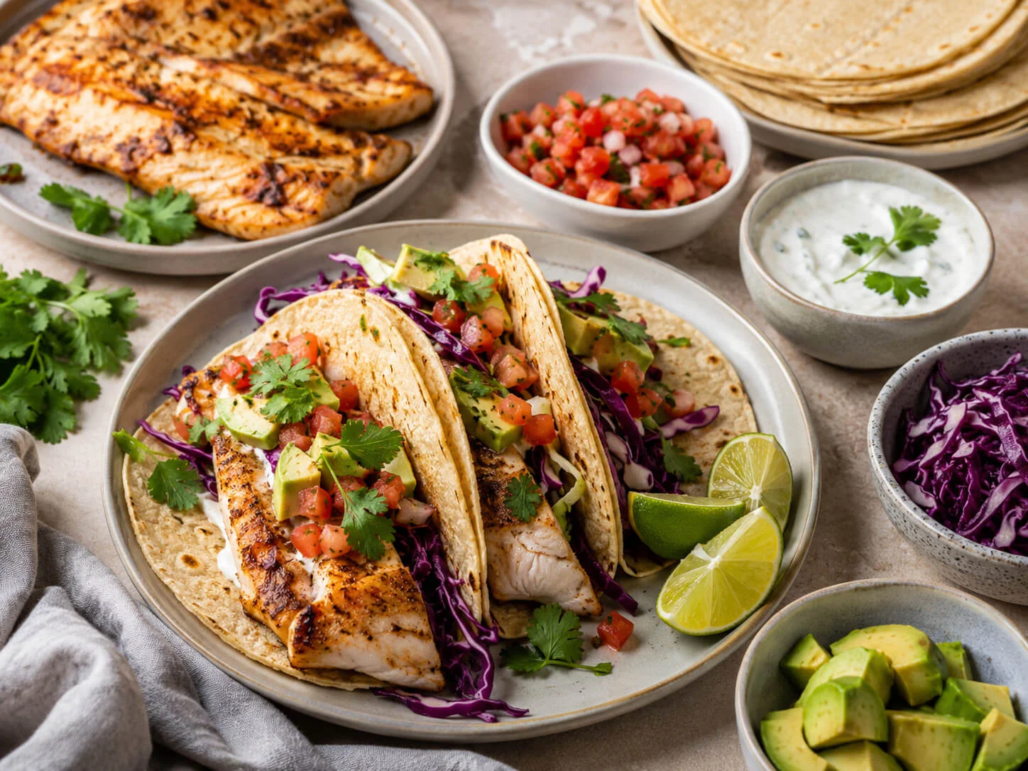 Healthy fish taco night spread with baked fish, tortillas, cabbage slaw, avocado, salsa, cilantro, lime, and yogurt sauce