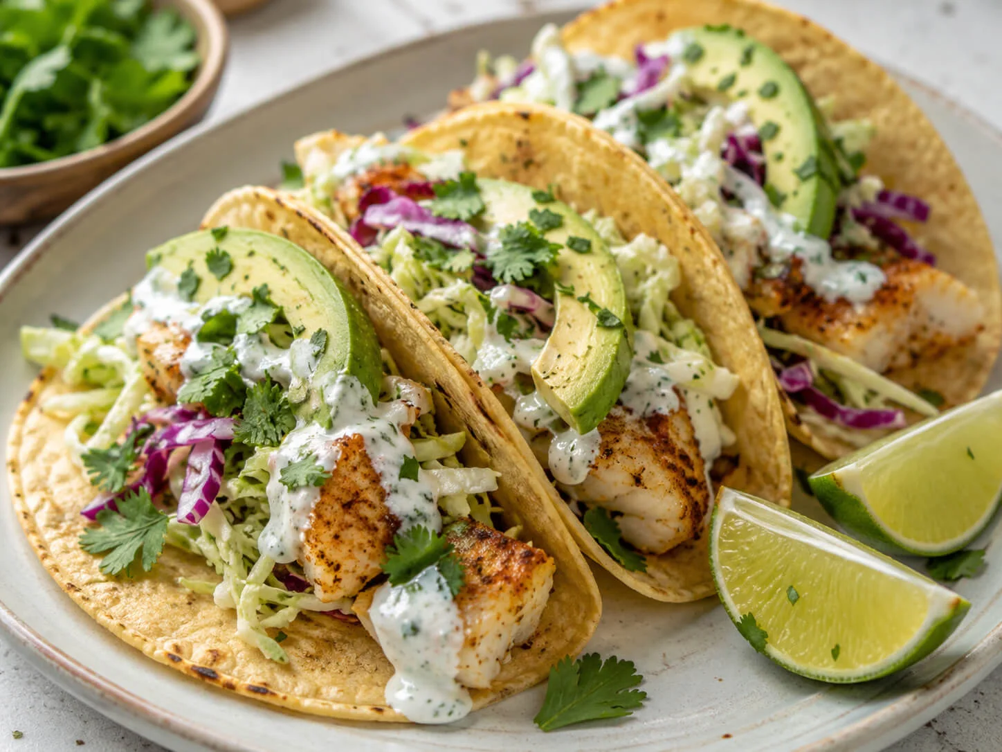 Healthy fish tacos with seasoned white fish, cabbage slaw, avocado, cilantro, lime, and yogurt sauce