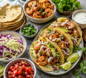 Healthy shrimp taco night spread with seasoned shrimp, tortillas, cabbage slaw, avocado, salsa, cilantro, lime, and yogurt sauce