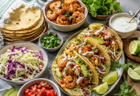 Healthy shrimp taco night spread with seasoned shrimp, tortillas, cabbage slaw, avocado, salsa, cilantro, lime, and yogurt sauce