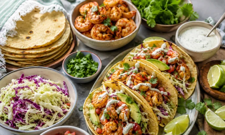 Healthy shrimp taco night spread with seasoned shrimp, tortillas, cabbage slaw, avocado, salsa, cilantro, lime, and yogurt sauce