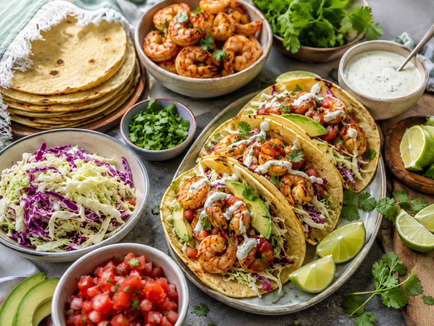 Healthy shrimp taco night spread with seasoned shrimp, tortillas, cabbage slaw, avocado, salsa, cilantro, lime, and yogurt sauce