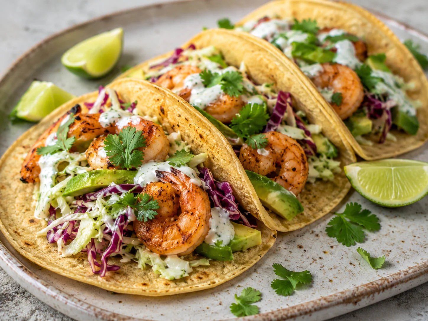 Healthy shrimp tacos with seasoned shrimp, avocado, cabbage slaw, cilantro, lime, and yogurt sauce