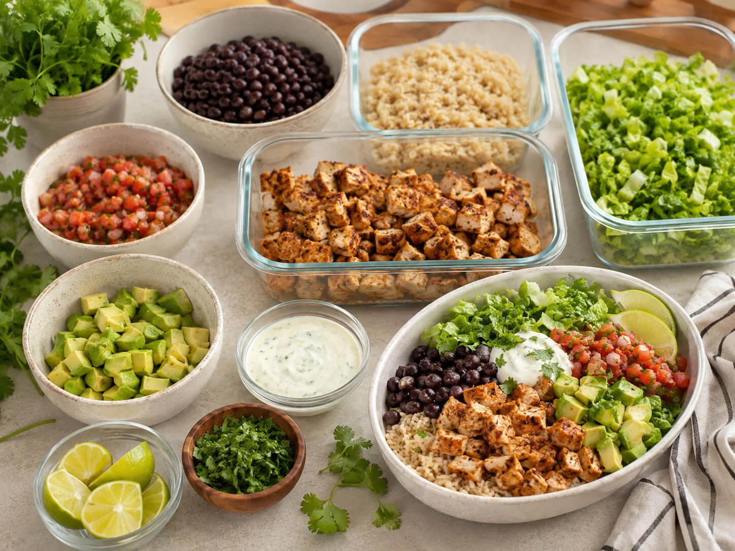 Healthy taco bowl meal prep spread with chicken, rice, lettuce, beans, salsa, avocado, cilantro, lime, and yogurt sauce