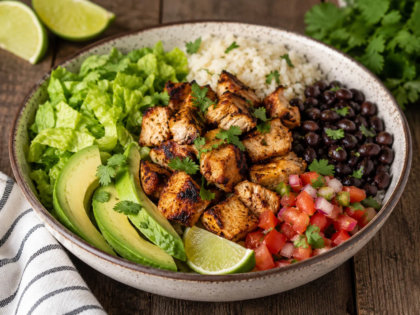 Healthy taco bowl with seasoned chicken, rice, lettuce, black beans, avocado, salsa, cilantro, and lime