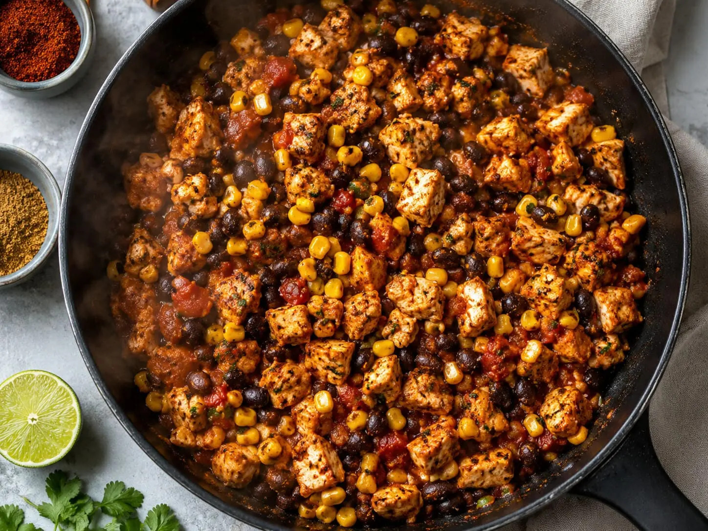 Healthy taco filling with seasoned chicken, black beans, corn, and salsa cooking in a skillet