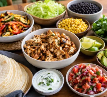 Healthy taco night spread with tortillas, chicken filling, fresh toppings, avocado, salsa, beans, and vegetables