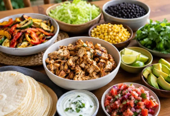 Healthy taco night spread with tortillas, chicken filling, fresh toppings, avocado, salsa, beans, and vegetables