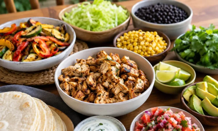 Healthy taco night spread with tortillas, chicken filling, fresh toppings, avocado, salsa, beans, and vegetables
