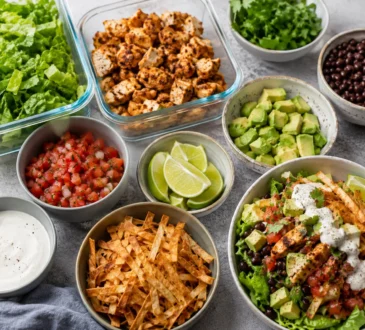 Healthy taco salad meal prep spread with chicken, lettuce, black beans, avocado, salsa, cilantro, lime, tortilla strips, and yogurt dressing