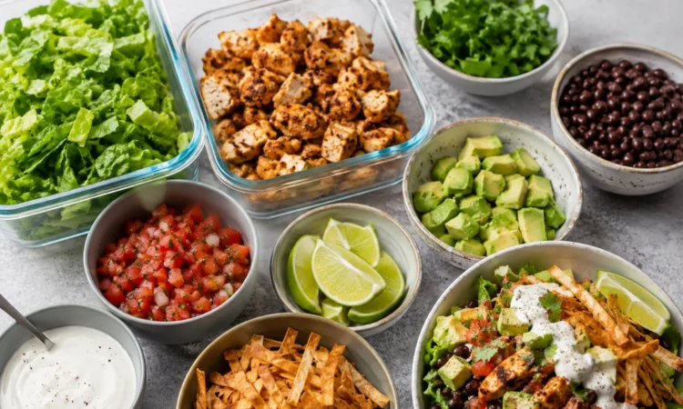 Healthy taco salad meal prep spread with chicken, lettuce, black beans, avocado, salsa, cilantro, lime, tortilla strips, and yogurt dressing